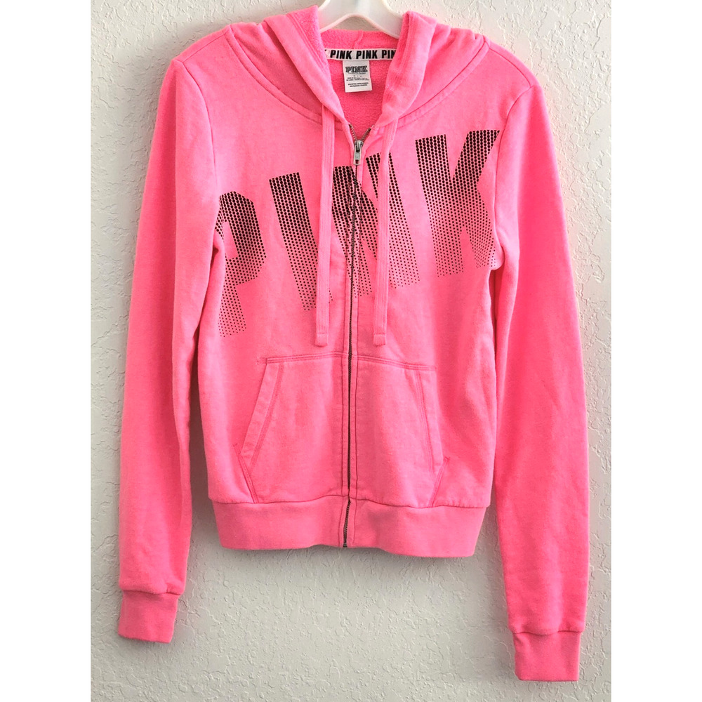 JACKET/HOODIE-VICTORIA'S SECRET-PINK-Bright Pink-Hood-Long Sleeves-Zipper-SM-P